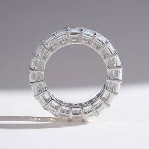White Gold <b>Emerald</b> Cut Lab Grown Diamond Full Eternity Band with Baguette Cut Side Stones <b>Silver</b> Plated Luxury Women's <b>Ring</b> - Product Image 3