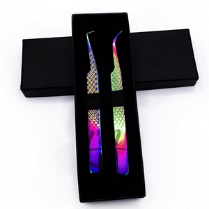 RMI <b>Rainbow</b> Titanium Eyelash Extension Fiber Tip Tweezers Custom 90 Degree Curved Lash Extension Tweezer Set with <b>Card</b> Box - Product Image 1