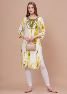 <b>Women</b> Yellow Tie Dye Printed Kurti with , 3/4 Sleeves Casual Ethnic Wear Straight <b>Kurta</b> for Daily Wear . - Product Image 5