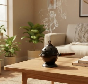 Quemador de incienso metálico hecho a mano con mango de madera |   Incensario Decorativo para Aromaterapia, Fragancia para el Hogar, Meditación y Yoga - Product Image 3