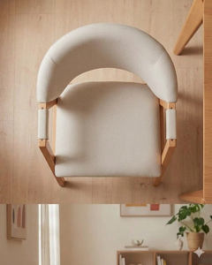 Fauteuil scandinave en bois massif avec dossier incurvé, siège rembourré en tissu crème, chaise de salle à manger en bois naturel avec accoudoirs - Product Image 5