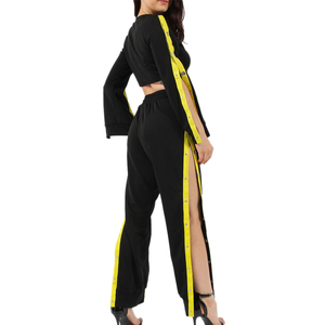 Ensemble de survêtement rayé noir et jaune pour femme, col rond, manches longues, pantalon à cordon de serrage, coupe ample, longueur intégrale, streetwear, tenue d'automne - Product Image 2