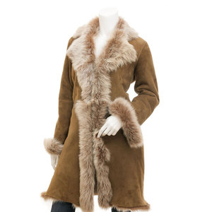 Elegant <b>Women's</b> <b>Long</b> Shearling Coat With Fur Trim Suede Winter <b>Jacket</b> Full Sleeve Windproof Safari Style - Product Image 1
