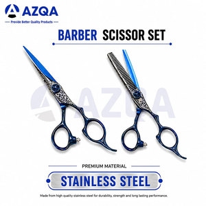 Stainless Steel Blue Hair Cutting And <b>Thinning</b> Scissors Set With Decorative Pattern Adjustable Screw And Finger <b>Ring</b> Handles - Product Image 3