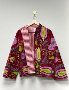 Vintage Red <b>Velvet</b> Suzani Embroidered <b>Jacket</b> with Floral Pattern Full Sleeve Stand Collar Bohemian <b>Women's</b> Autumn Outerwear - Product Image 2