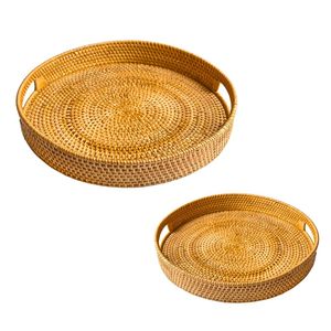 Round Wicker Rattan <b>Basket</b>/<b>Tray</b> Handmade Eco-Friendly Space Saving Multi-Purpose Serving <b>Tray</b> for Food and Drinks - Product Image 1