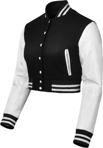 <b>Women's</b> Varsity <b>Jacket</b> Black <b>White</b> Wool Full Sleeve Stand Collar Button Closure Regular Length Winter Wear Heated Eco-Friendly - Product Image 6