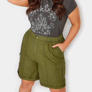 Shorts Cargo de Cintura Alta para Mujer, Verde Oliva, Lona de Algodón, Bolsillos Casuales, Cintura Elástica, Corte Regular, Lavado, Cierre de Botones, Secado Rápido - Product Image 3