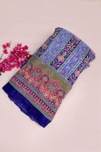 Royal Blue Floral Stripe Placement Print Fabric With Ornamental Border For Designer Kurti Dress Material Ethnic Wear Fabric - Product Image 2