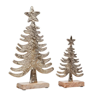 Figurine de sapin de Noël en métal argenté sur base en bois, sapin de table avec étoile sur le dessus, décoration de table de Noël - Product Image 2
