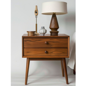 Table de chevet minimaliste en teck massif de style mid-century avec deux tiroirs de rangement - Product Image 1
