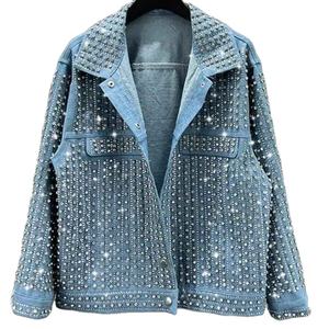 แจ็คเก็ตยีนส์สไตล์ใหม่คุณภาพสูงประดับด้วยลูกปัดและคริสตัลแบบหนัก ดีไซน์ตกแต่งลายเพชรแบบลำลองทรงหลวม - Product Image 1