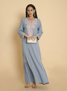 Vestido Maxi de Gasa Bordado con Cuello en V, Manga Larga, Estilo Boho Holgado con Estampado Floral, para Fiestas de Verano - Product Image 3
