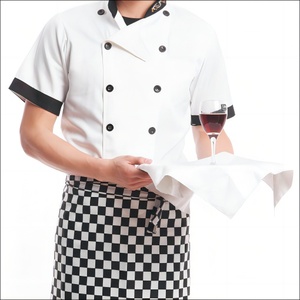 Veste de chef à manches courtes pour homme, en coton blanc tissé, fermeture boutonnée, uniforme de restaurant et de bar, tablier à carreaux inclus - Product Image 1