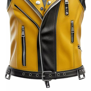 Chaleco de Moto Personalizado para Hombre en Cuero PU, Color Amarillo y Negro con Bloques de Color, Cierre de Cremallera, Cuello Camisero, Sin Mangas, Estilo Otoñal - Product Image 4