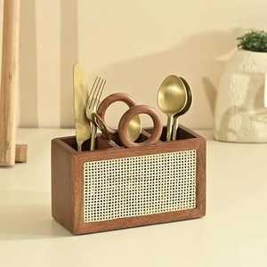 Premium Wooden Cutlery <b>Holder</b> with Rattan Weave Detail 3 Compartment Tabletop Spoon Fork Organizer Rustic <b>Kitchen</b> <b>Utensil</b> Caddy - Product Image 1