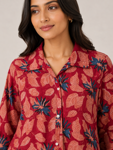 Women <b>Red</b> Floral Printed Cotton Kurti Shirt Collar Full Sleeve Loose Fit Casual Tunic Top Ethnic Everyday Wear Elegant Outfit - Product Image 2
