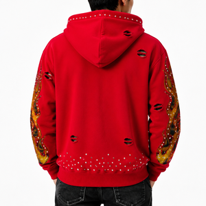 Custom Plus Size Oversized Zip Hoodie Winter Breathable Windproof Digital <b>Raw</b> Edge Distressed Rhinestone Graphic Streetwear OEM - Product Image 3