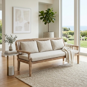Premium wooden kaliandra triple <b>sofa</b> minimalist solid teak <b>wood</b> living room three seater couch natural cream cushion seating - Product Image 2