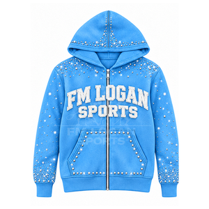Sudadera con capucha de forro polar 100% algodón ecológico con cremallera completa y pedrería azul - Product Image 1
