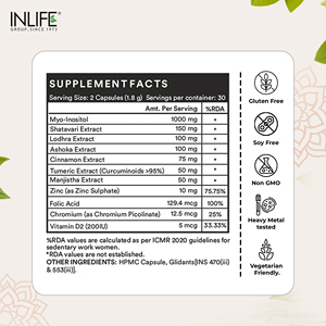 Cápsulas de Mioinositol 1000mg con Shatavari, Lodhra, Ashoka, Canela, Ácido Fólico y Zinc, 60 Unidades, Bienestar Diario para Mujeres - Product Image 6