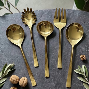 Gold Plated Serving Spoon Set <b>Mirror</b> Finish Long Handle Glam Design Party Tableware - Product Image 3