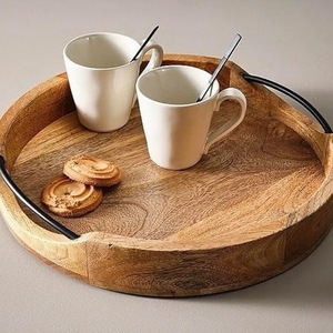 Premium Round Wooden Serving <b>Tray</b> with Metal Handle | Acacia Wood Coffee & Breakfast <b>Tray</b> | Modern Rustic Home <b>Decor</b> - Product Image 1