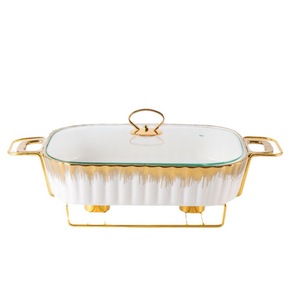 Luxury Gold Rim Eco-Friendly Bone China Chafing Dish Set Elegant Irregular Ceramic Buffet Server Glass Lid Stand Wedding Hotel - Product Image 1