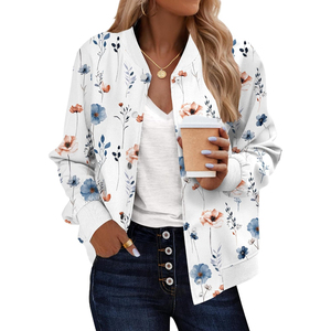 Blouson bomber à imprimé floral pour femme, manches longues, col rabattu, bouton unique, coupe classique, style printemps, matière polyester - Product Image 5