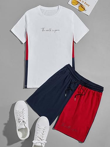 Ensemble T-shirt blanc à col rond pour homme avec short bicolore rouge et bleu marine, séchage rapide, tenue décontractée d'été - Product Image 4
