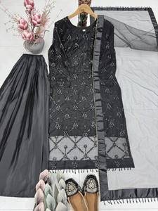 Ensemble kurta palazzo en tissu filet de qualité supérieure, style ethnique, pour femmes, avec de riches broderies, disponible au meilleur prix. - Product Image 3
