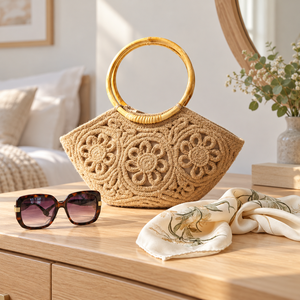 Sac à main carré en jute personnalisable et écologique avec motif en lettres en relief et poignées en anneau de bambou pour femme, usage quotidien, vente en gros - Product Image 6