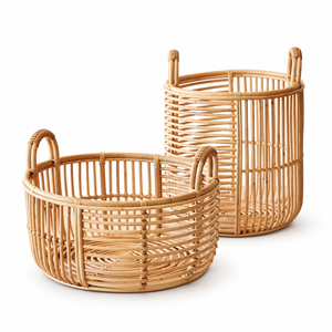 Panier à linge en rotin fait main, écologique, durable, avec poignées, forme ronde, usage polyvalent, taille personnalisée, marron naturel - Product Image 1