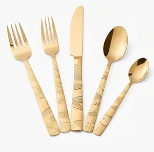<b>Gold</b> Plated Flatware Set With Geometric Handle Design Modern Cutlery For Wedding Table Settings Dishwasher Safe Metal <b>Utensils</b> - Product Image 1