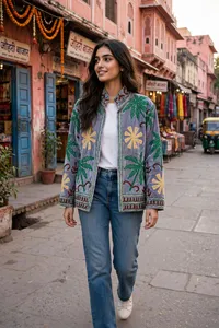 Artisan Grey Suzani <b>Velvet</b> <b>Jacket</b> <b>Women</b> Green Botanical Palm Embroidery Handmade Boho Statement Ethnic Coat Wholesale - Product Image 4