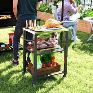Carrello per Barbecue da Esterno a 3 Ripiani con Piano in Acciaio Inox, Tavolo Mobile per Forno Pizza con Ganci, Maniglia Laterale e Ruote - Product Image 2