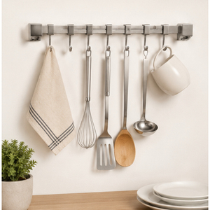 Modern Stainless Steel Wall-Mounted <b>Kitchen</b> Utensil Rack with <b>Hooks</b> Space-Saving Rail Organizer for Pots Pans Ladles and Mugs - Product Image 6