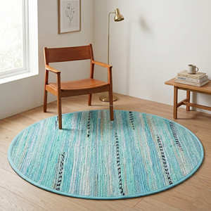 5' Round Blue Recycled Cotton Flat Weave Eco-Friendly Area <b>Rug</b> <b>for</b> Living Room Coastal Nordic & Contemporary Interiors - Product Image 3