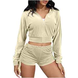Conjunto de Sudadera Corta con Capucha y Pantalones Cortos para Mujer, con Logotipo Personalizado, Tejido Acanalado, Dos Piezas, Estilo Deportivo Informal, para Primavera y Otoño, Venta al por Mayor - Product Image 5