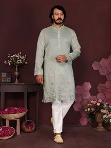 Elegante Conjunto de Kurta y Pijama de Seda con Bordado y Lentejuelas para Festivales, Bodas y Fiestas, Traje Étnico Masculino - Product Image 2