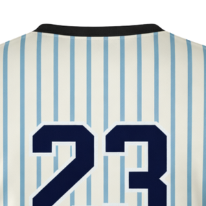Maillot de softball en sublimation intégrale, bleu crème à rayures fines, col en V, manches noires, uniforme d'équipe personnalisé avec numéro au dos - Product Image 5