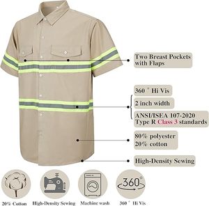 Khaki Safety Work Shirts Custom Long Sleeve Reflective Tapes Class 2 ANSI Certified Unisex Logo - Product Image 3