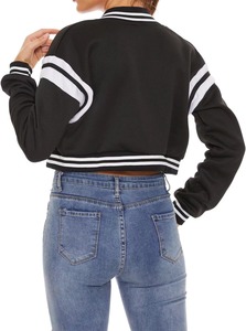 Veste universitaire noire et blanche pour femme, manches longues, col rabattu, simple boutonnage, en polyester, coupe courte - Product Image 4