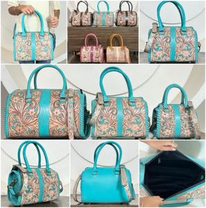 Hot Selling Personalized Western Floral Carved Leather Satchel Hand Tooled Cowgirl Weekender Medium Genuine Zipper <b>Duffel</b> <b>Bags</b> - Product Image 3