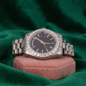 Montre en or rose sertie de diamants, cadran noir, bracelet en acier inoxydable de luxe - Product Image 1