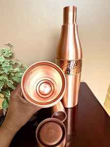 Contemporary Copper Water <b>Bottle</b> Duo Satin Finish Hammered Accent Hydration Flask Reusable Wellness Drinkware Collection - Product Image 2