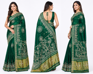 Emerald <b>Green</b> <b>Silk</b> Saree With Gold Embroidery Traditional Indian Wedding Wear For Women Floor-Length Regular Fit - Product Image 4