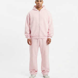 Ensemble de survêtement personnalisé pour homme en molleton 100% coton 300 g/m², imprimé uni, coupe large, respirant, avec sweat à capuche et pantalon de jogging à cordon de serrage, style streetwear - Product Image 4