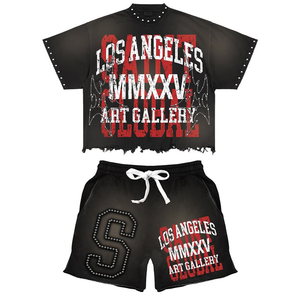 ชุดเสื้อยืดแฟชั่นปี 2026 เสื้อยืดแขนสั้นสีพื้นหนาสำหรับผู้ชาย เสื้อยืดฤดูร้อนสำหรับผู้หญิง ชุดเสื้อยืดหลวม 2 ชิ้น ระบายอากาศได้ดี - Product Image 1