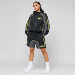 Hc Collection Unisex Hooded <b>Windbreaker</b> Jacket Matching Shorts Set <b>Black</b> Yellow Polyester Sporty Quick Dry Spring Wear - Product Image 2